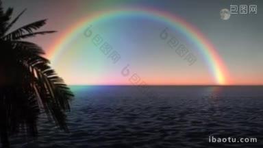 彩虹海洋与满月热带棕榈树高清视频动画的承诺主题